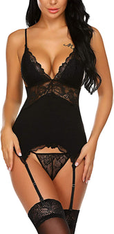 Avidlove Chemise-Dessous-Set mit Strumpfhaltern, Spitze, Babydoll, Teddy-Body, einteilig, Strumpfhalter, Dessous-Korsett-Set